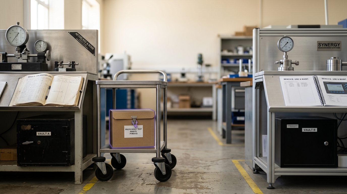 A wheeled specimen cart carrying a sealed proficiency-test parcel caught mid-transit down an aisle between two visibly different calibration benches, each with its own gauge fixture