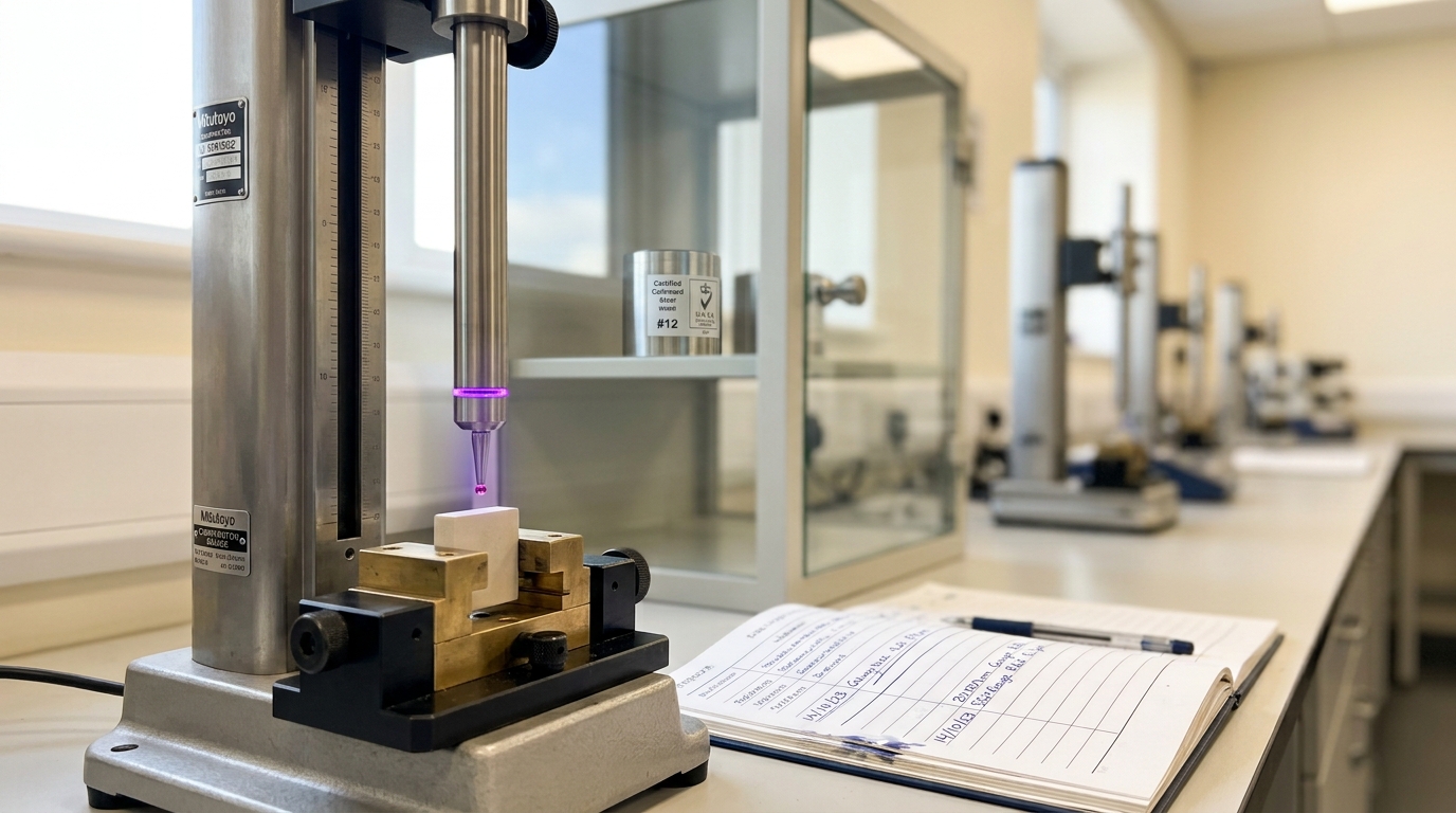 A precision comparator gauge station with its measuring probe caught mid-descent over a test specimen, an open logbook beside it and a certified reference standard visible in a glass-fronted vault behind