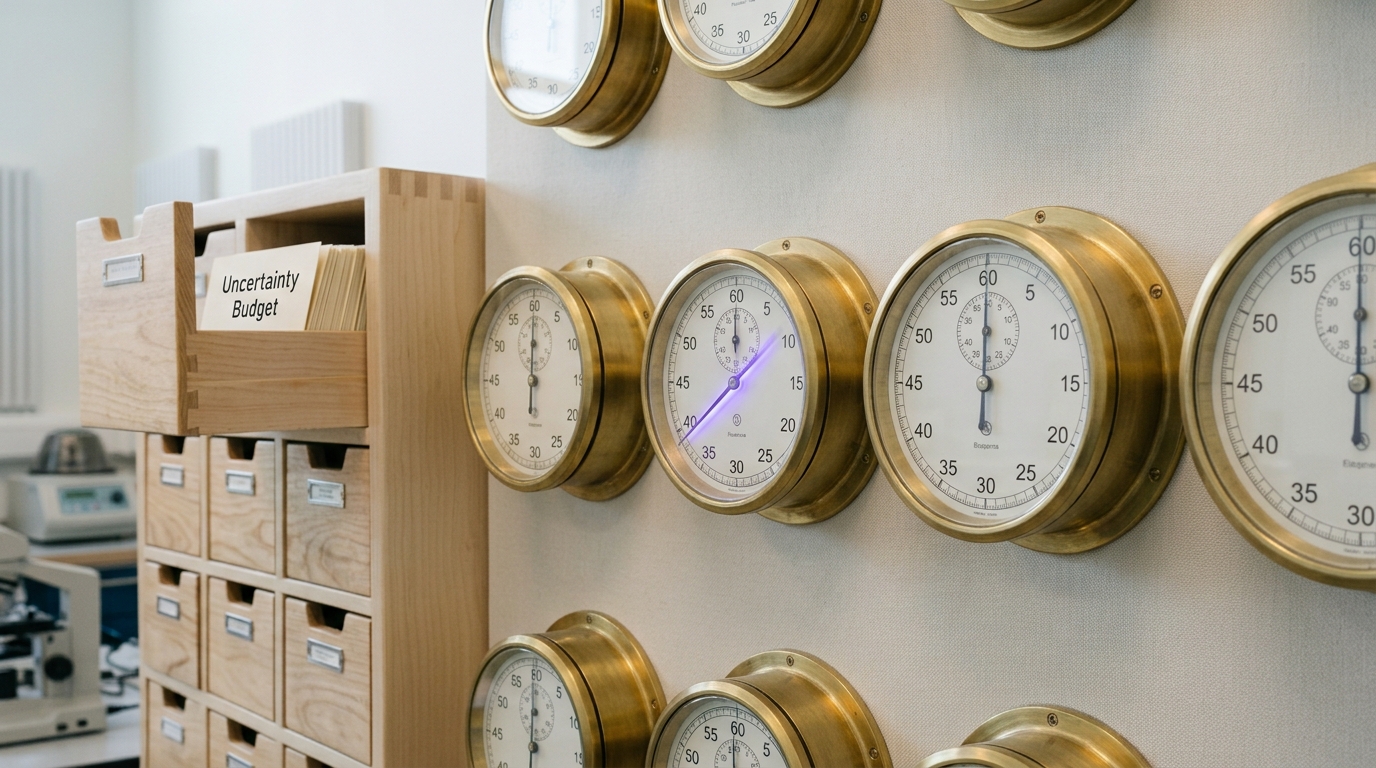 A wall of precision chronometers with one sweep needle caught mid-arc between two graduation marks, beside a certificate rack with one drawer part-open