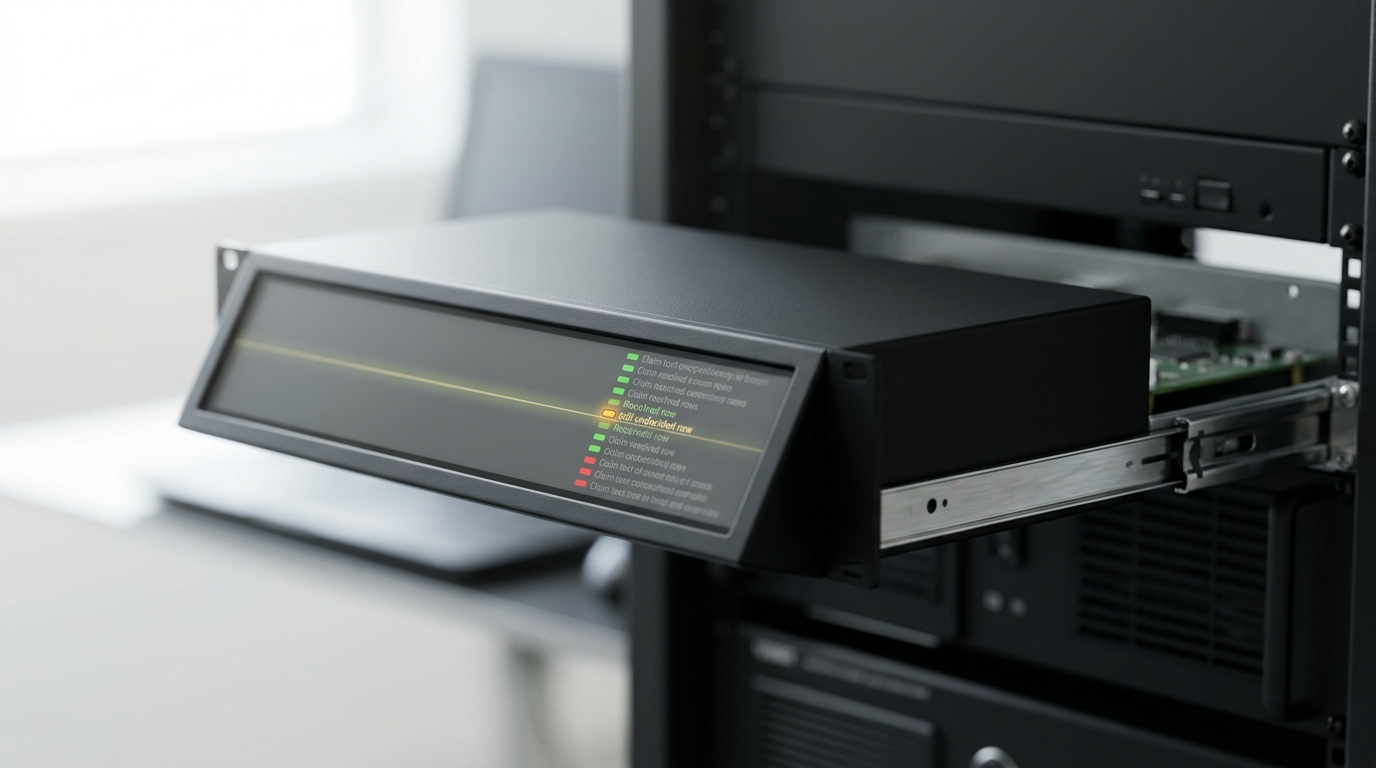 A rack-mounted generation-scoring unit's narrow front-edge screen showing a claim-by-claim checklist, most rows resolved green or red and one row's indicator still amber, caught mid-check