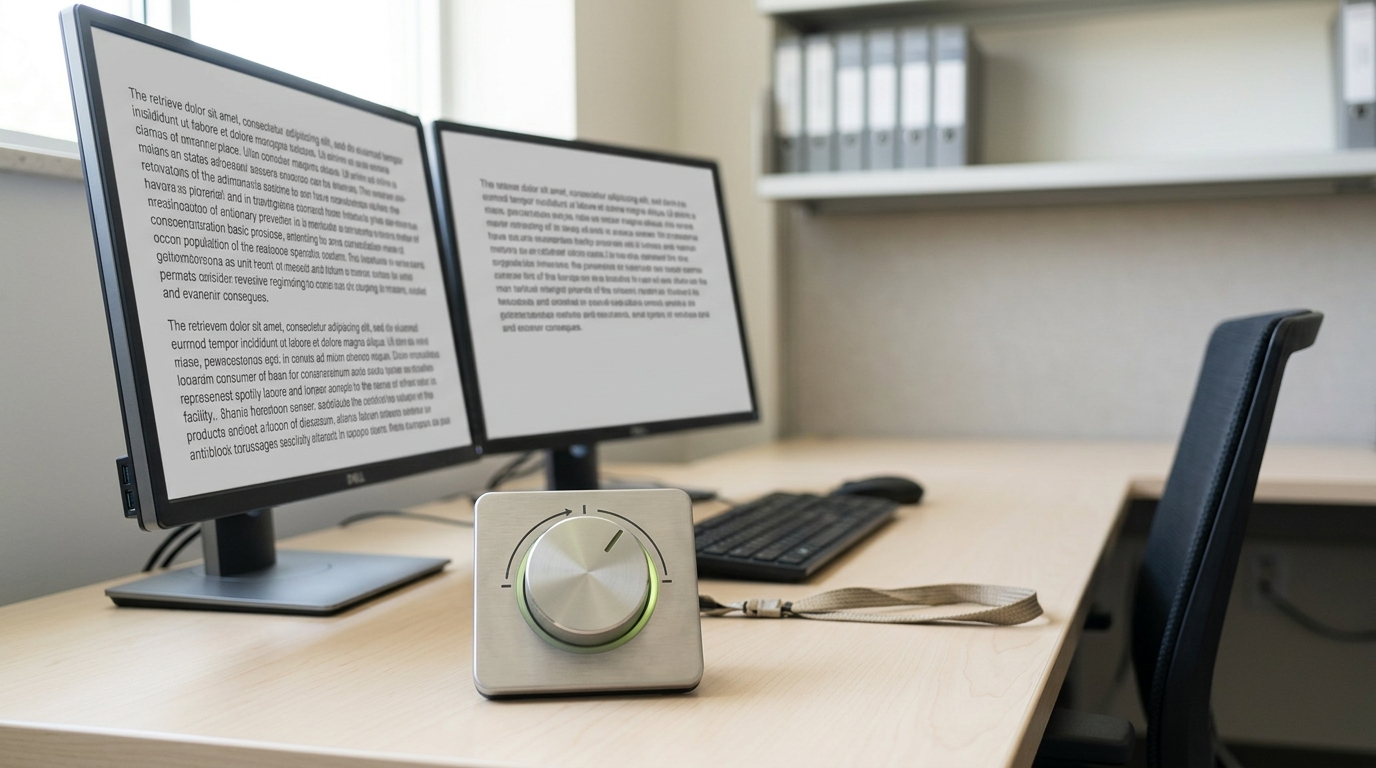 A human-evaluation review station with two screens holding a retrieved passage and a generated answer side by side, an annotation dial angled mid-turn, and an empty chair pushed back from the desk