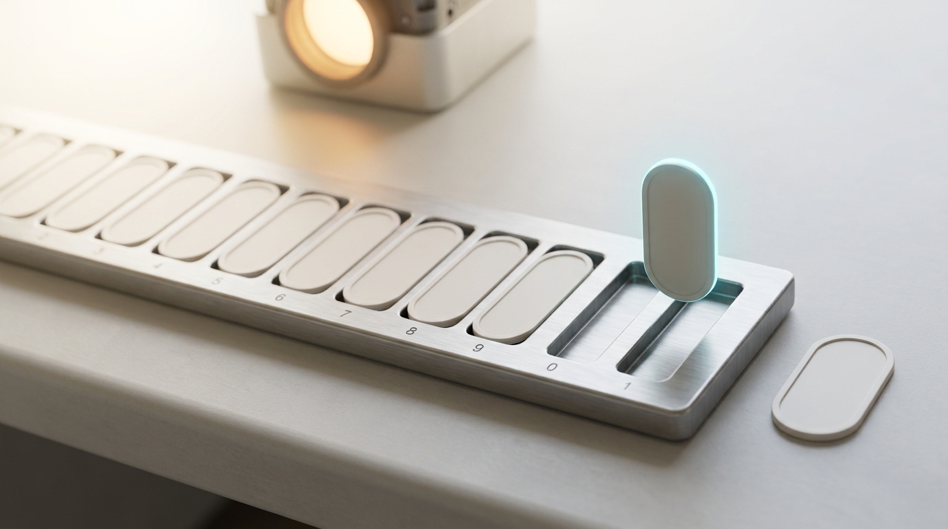 Two shallow trays on a results-logging terminal counter holding stacks of small scoring tokens, one stack tall and the other visibly shorter with one token still hovering above it