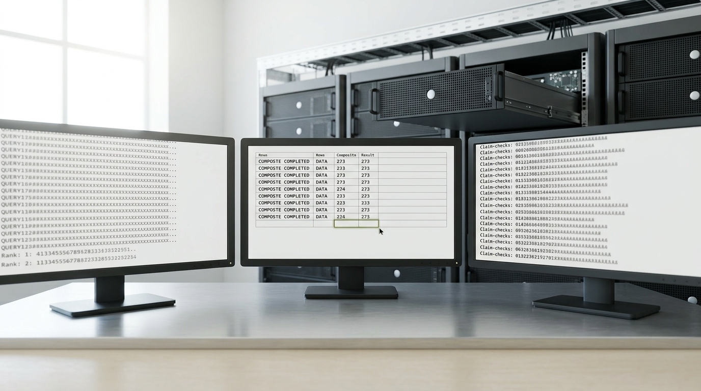 A results-logging terminal between two flanking screens in a bright evaluation lab, one screen mid-way through tallying a retrieval-only pass and the other mid-way through a generation-only pass, with one composite row still blank on the centre screen