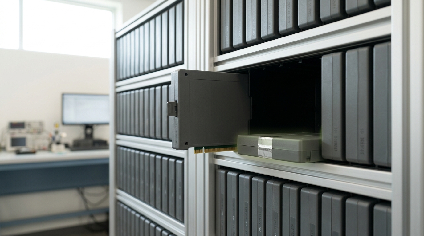A storage rack of archival cartridge caddies in the evaluation lab with one stale caddy caught half-ejected from its bay and a fresh sealed caddy waiting on the shelf edge beside it, not yet loaded