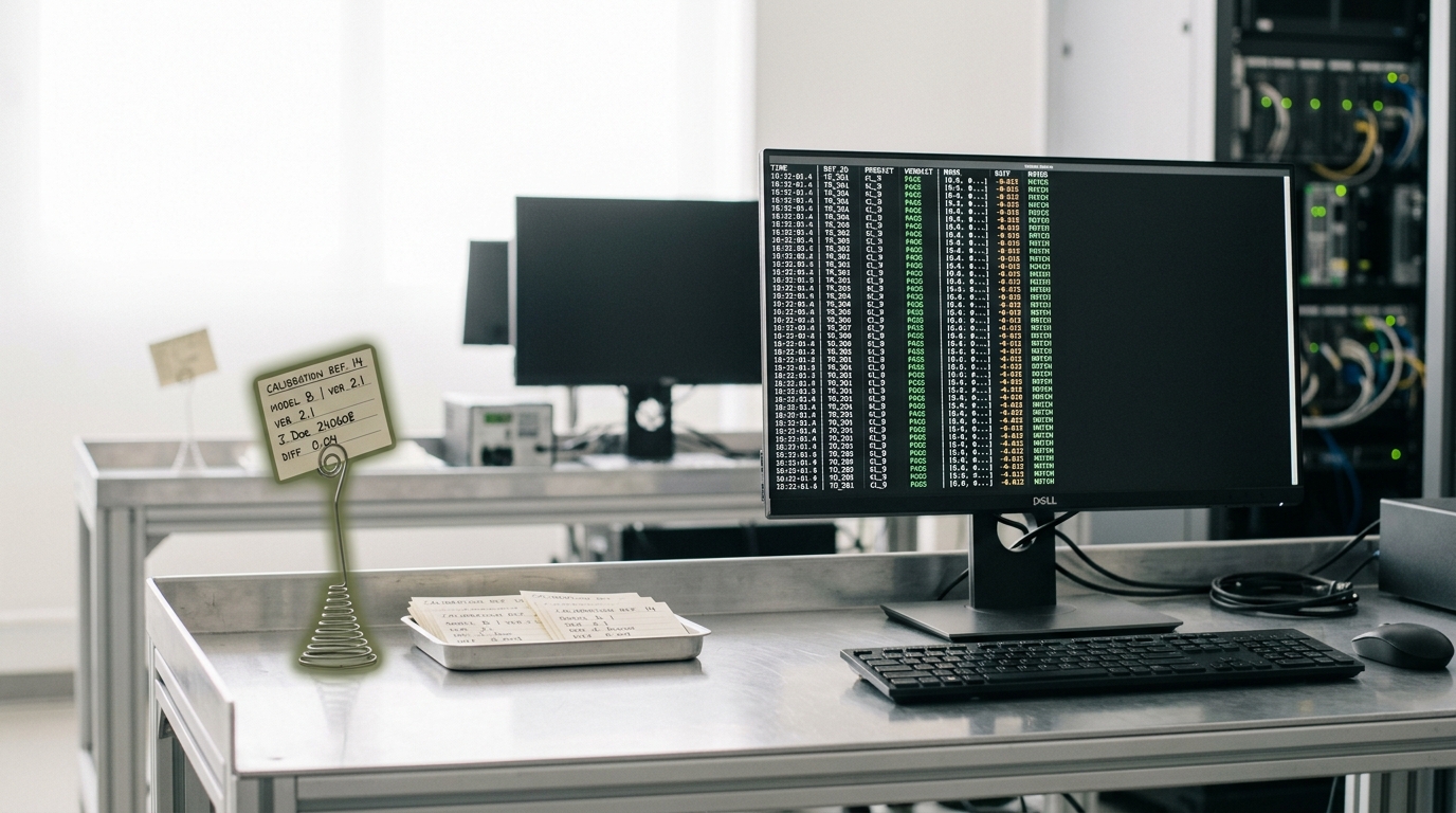 An automated-judge workstation with a stream of verdicts scrolling on one screen and a small stack of human-labelled calibration slips beside it, one slip raised in a spring clip and angled toward the screen mid-comparison