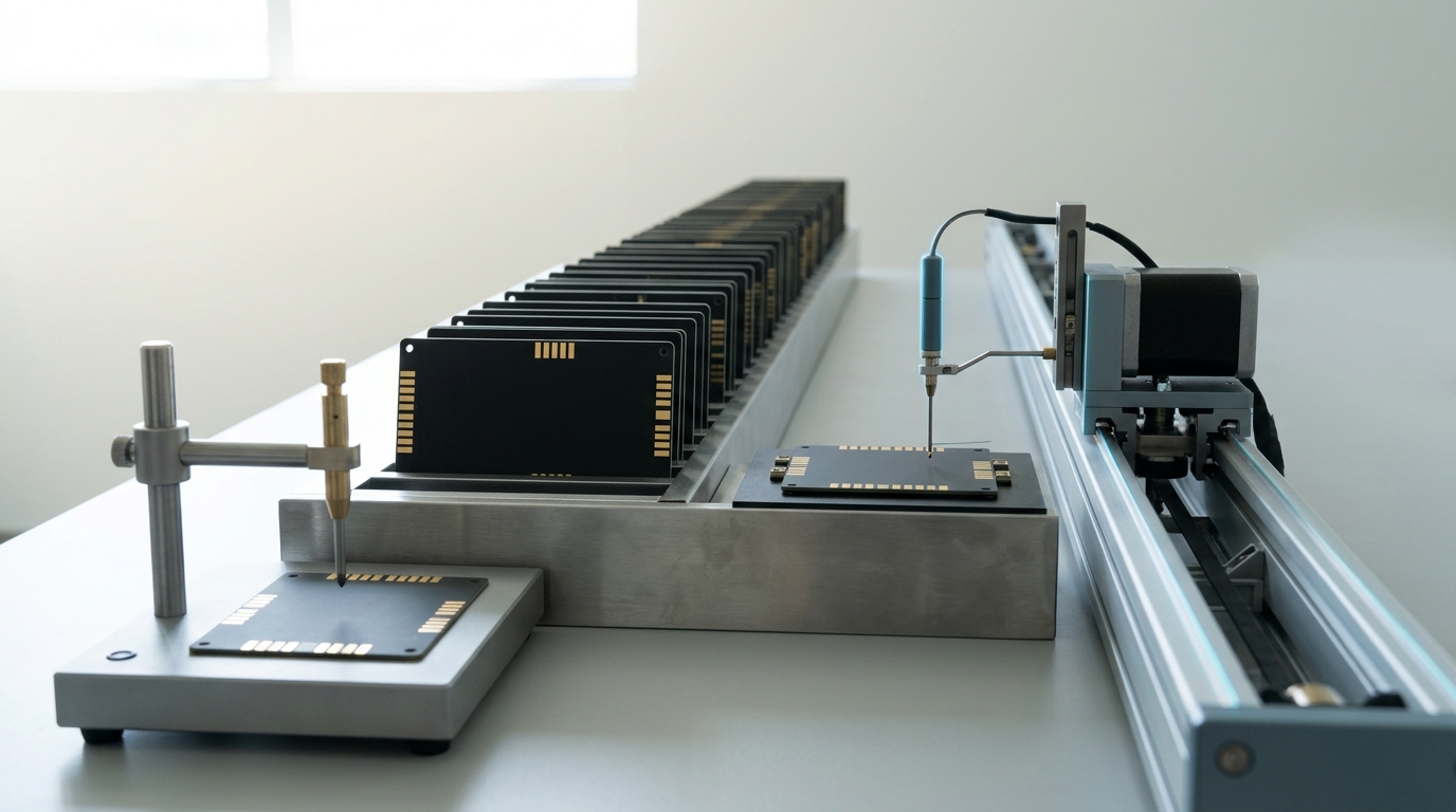 An automated gantry probe head caught mid-traverse on an overhead rail above a long rack of specimen boards, while a separate stationary manual verification post at the near end holds its own probe raised and unlit