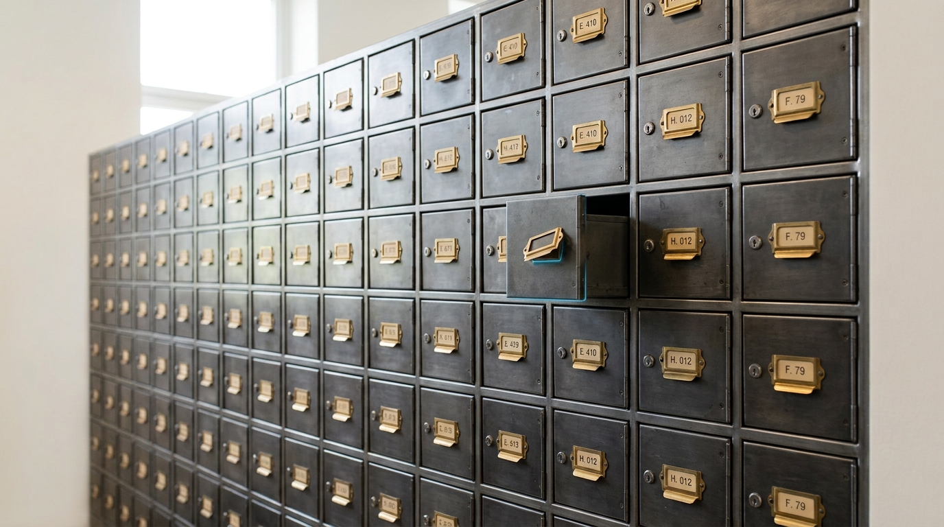 A wall of small lockable steel specimen drawers each carrying a hinged chain-of-custody tag, one drawer left slightly ajar with its tag caught mid-clip, not yet pressed flush against its holder