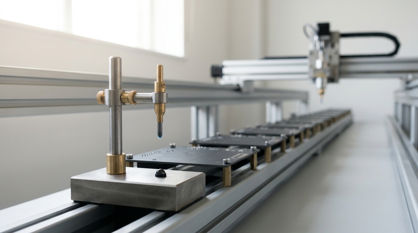 A close view of the stationary manual verification post partway along the specimen rack, its probe still raised and its indicator lamp still dark, while the automated gantry carriage is visible receding into soft focus, already many boards further along