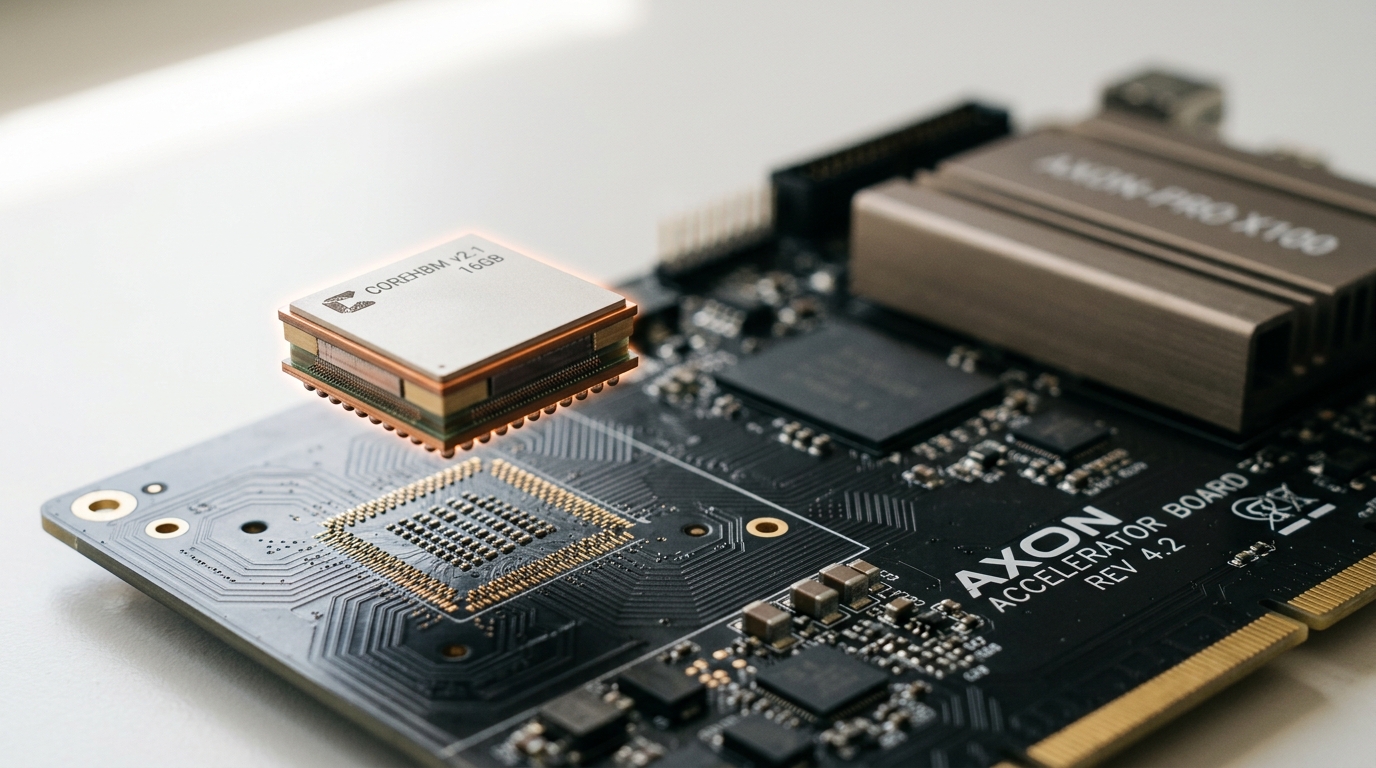 An HBM stack on a Micron-marked qualification test board in a bright lab, a probe caught touching down on a contact pad