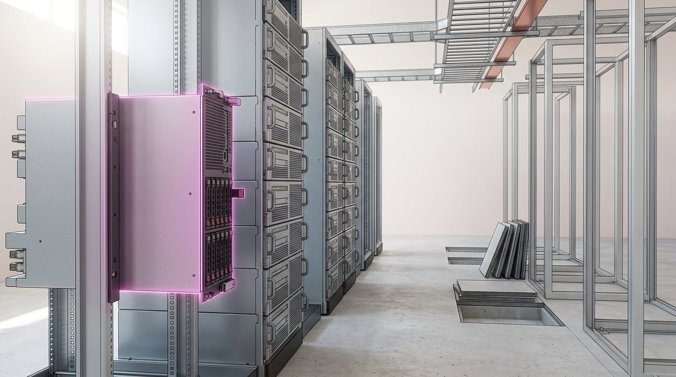 A bright datacenter hall part-way through build-out, two rack rows populated with accelerator chassis and the next rows standing as empty steel frames on bare concrete with access floor tiles lifted