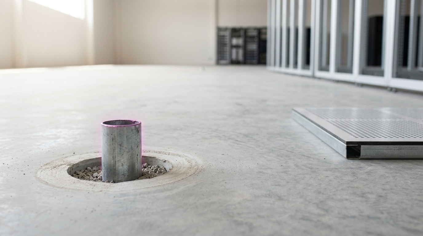 A single galvanised conduit standing just proud of a freshly cored hole in a bare concrete datacenter floor, out in the open middle of the hall where no rack row has been set out