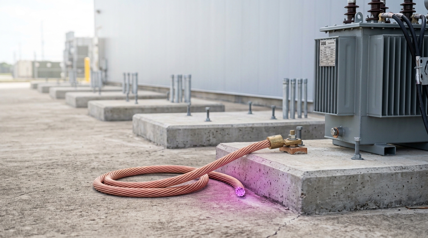An outdoor concrete pad in daylight with one transformer set landed on the nearest foundation and a receding line of empty foundations beyond it, anchor bolts and conduit stubbed up out of the concrete