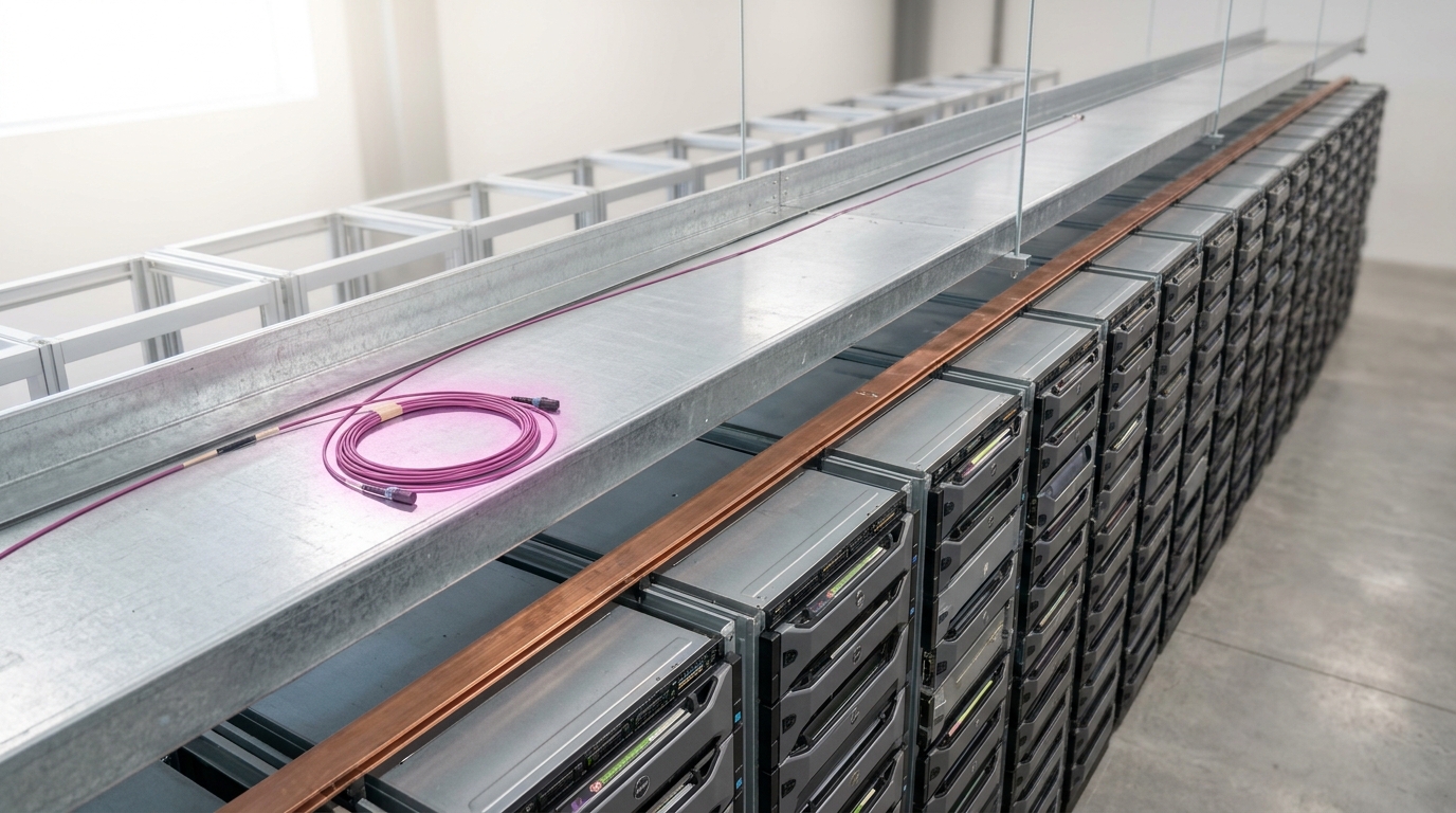 A wide galvanised cable tray running above two fully populated rack rows but carrying only one slim fibre trunk, its taped end still coiled part-way along the run and not yet landed