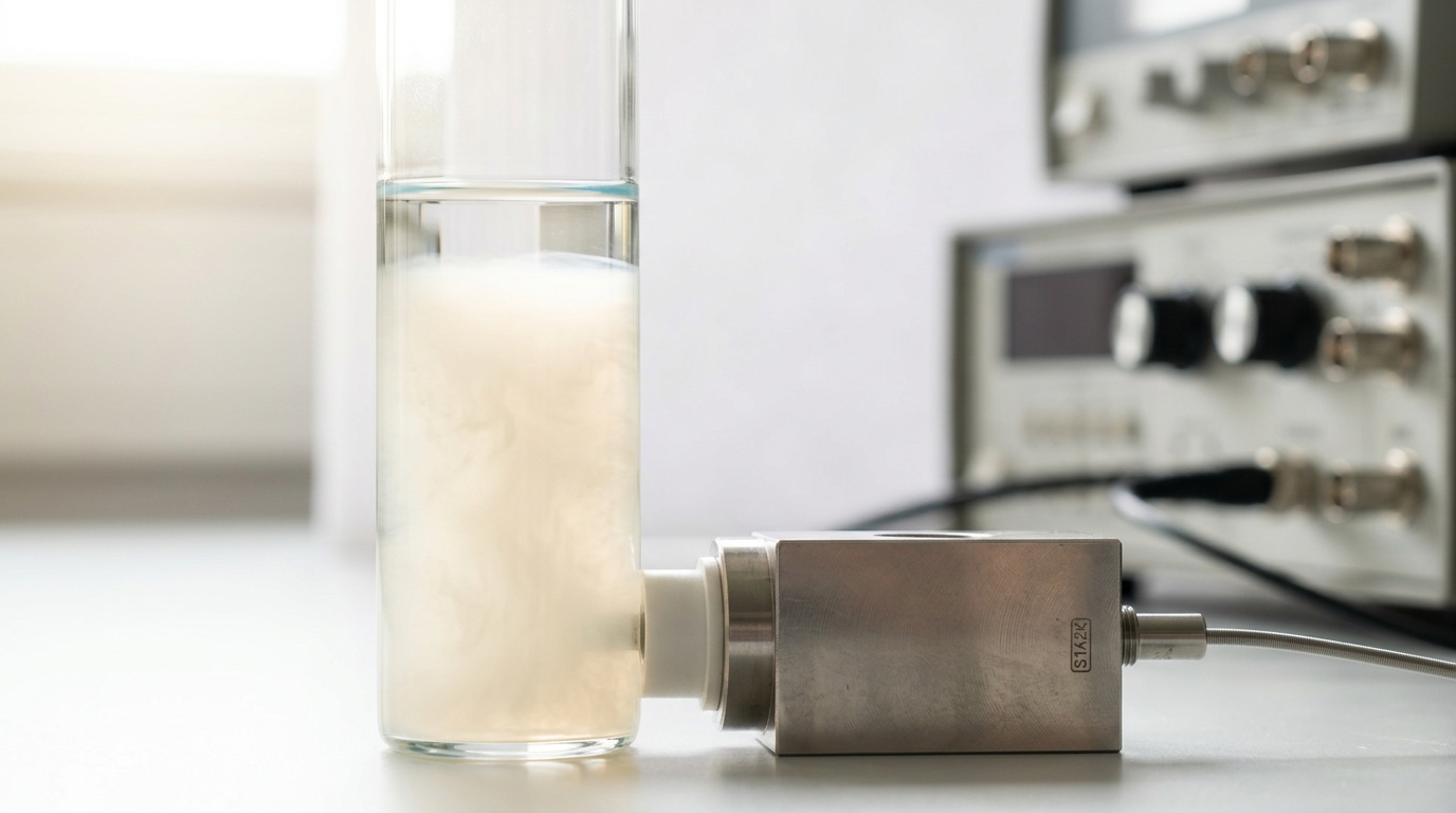 A sealed borosilicate cell clamped in a stainless thermostat block, its fluid going milky with density fluctuations of every size at once, a clear band still left at the top and the meniscus thinned almost to nothing