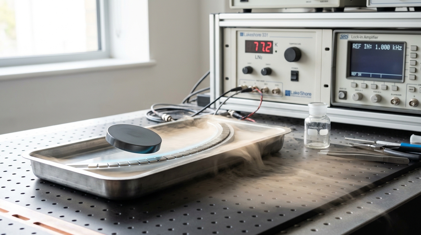 A superconducting disc lifting clear of a curved permanent-magnet track in a shallow stainless tray of liquid nitrogen, still tilted and drifting partway along the curve, with vapour spilling over the tray lip