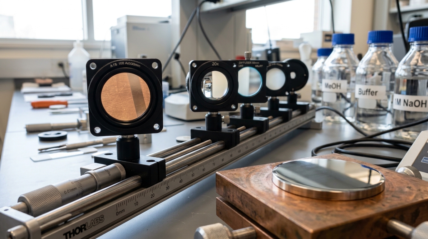 A receding line of imaging optics on an optical rail sighted at a polished sample, fine surface detail crisp through the nearest objective and gone further along, with one ground-glass diffuser caught half-inserted into its slot