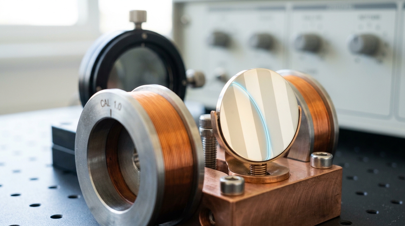A thin polished sample clamped on a copper cold finger between a pair of Helmholtz coils, its mirror face carrying stripe domains of two opposite orientations with one domain wall caught midway across