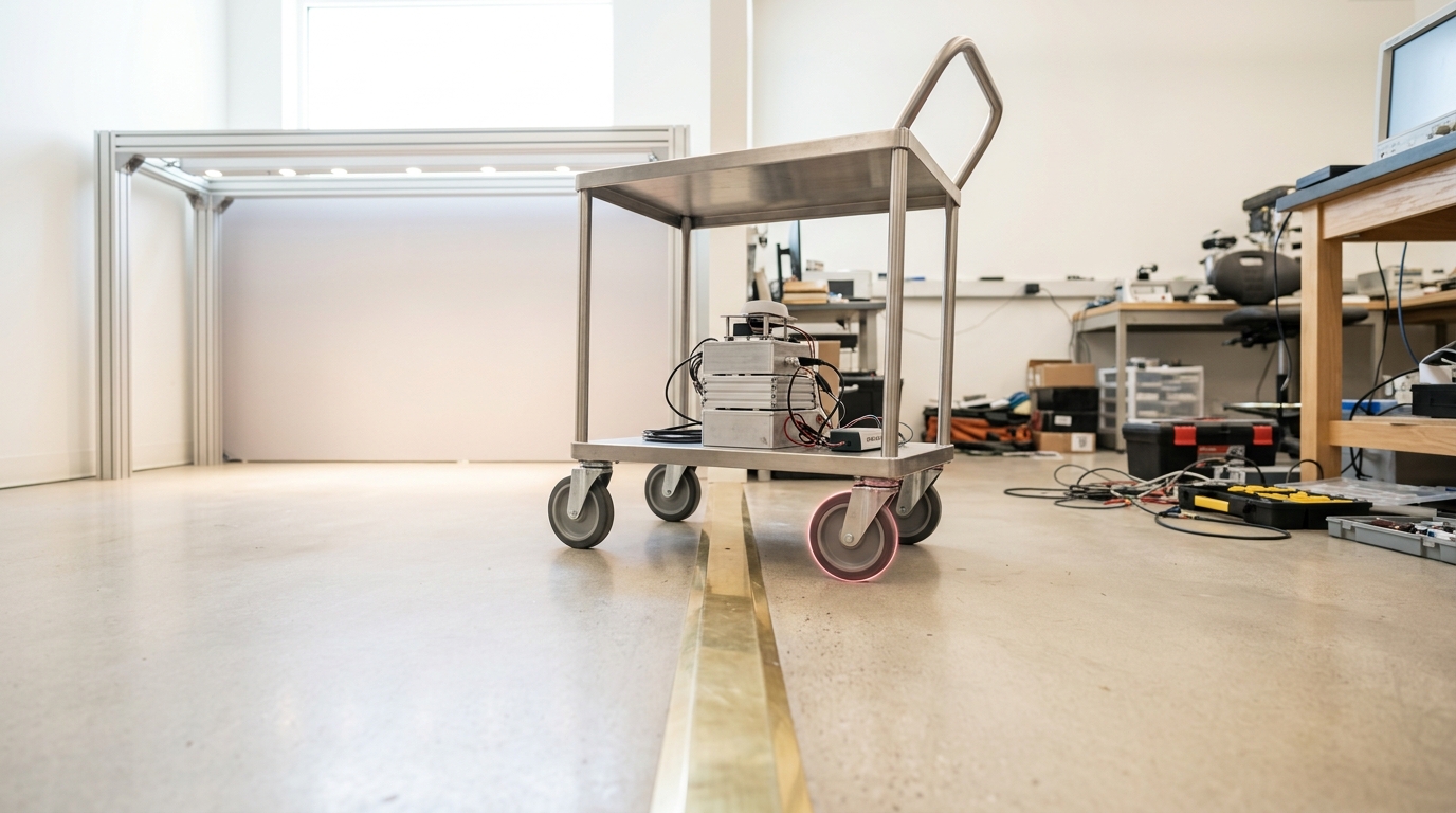 A brushed-steel instrument cart caught mid-crossing a brass threshold strip on the floor, its rear wheels still on a spotlit curated demonstration alcove and its front wheels already on the open, cluttered workbench floor beyond