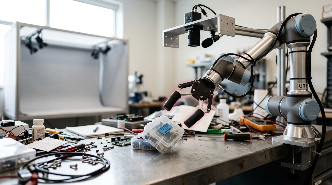 A compact tabletop robot arm with an overhead camera and microphone mount reaching over an open, cluttered workbench toward an unfamiliar object, its rubber-tipped gripper fingers caught open just short of closing