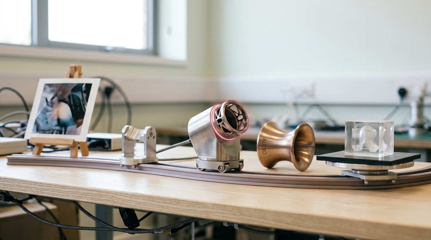 A machined output head riding a curved rail on an any-to-any generation demonstration bench, caught mid-swing between a small horn speaker station and a resin print-bed station, its docking collar still open at neither