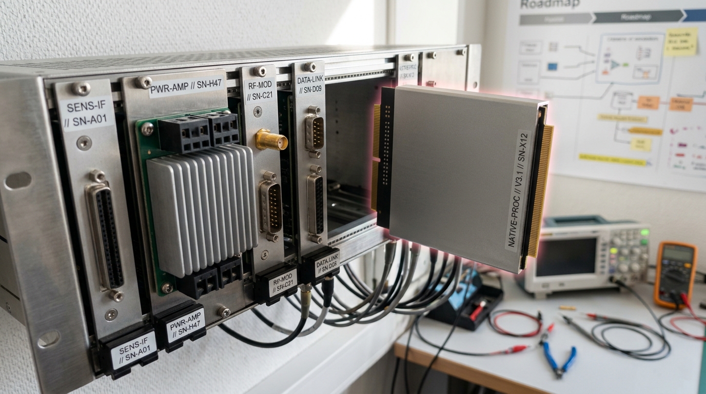 A wall rack of differently shaped per-modality adapter modules seated in their mounts, beside a single sealed native processing module caught mid-insertion into its own mount, its edge connector not yet fully home