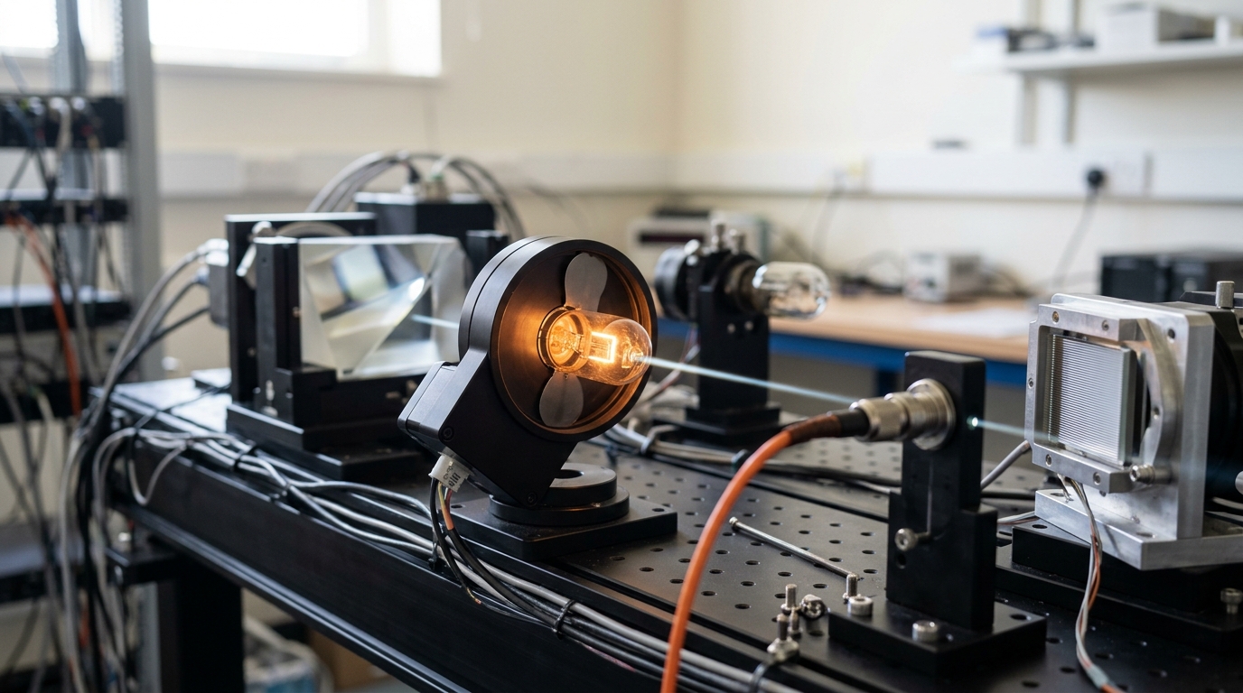 An echelle spectrograph's calibration-lamp turret swinging into the beam path beside a live fiber feed carrying the faint light of an ancient, metal-poor star