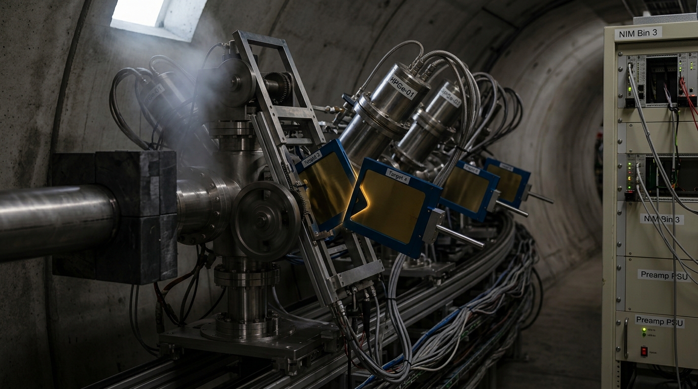 A multi-position target ladder in a shielded target hall, a thin isotopic foil rotating into the beam axis while the neutron-capture measurement's previous foil has only just begun to swing clear