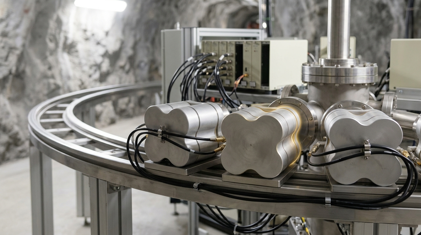A germanium detector array on curved rail mounts closing around a target chamber, one clover-shaped cryostat still sliding into its final dock while its neighbors are already seated and cabled