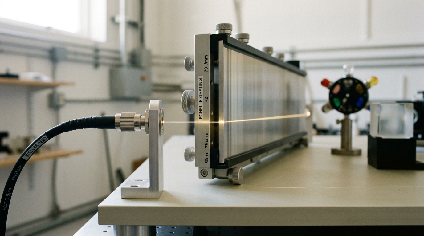 An echelle spectrograph bench in an observatory instrument room, a fiber-feed connector just seating into its bulkhead port as starlight begins crossing the blazed grating toward the cross-disperser