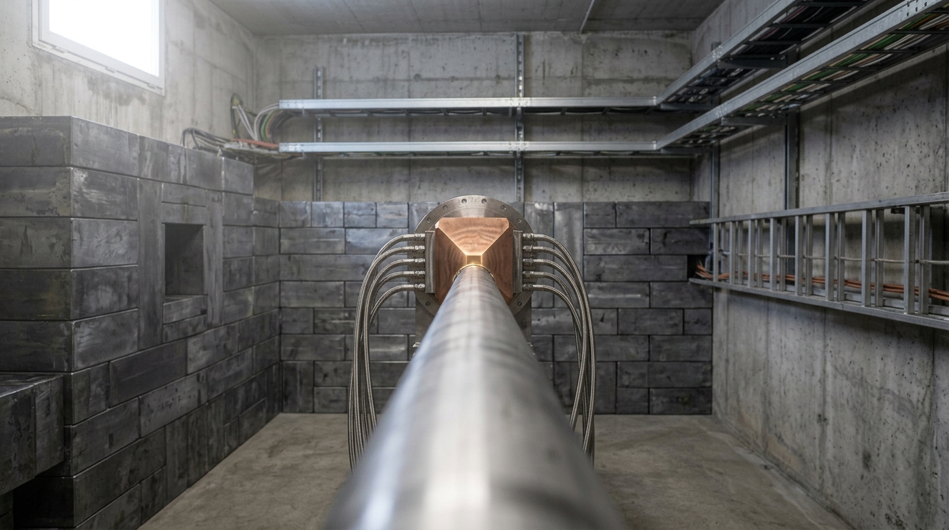 A water-cooled copper beam-dump block at the end of a shielded beamline, its surface just beginning to show a faint heat shimmer where the full beam current is finally absorbed