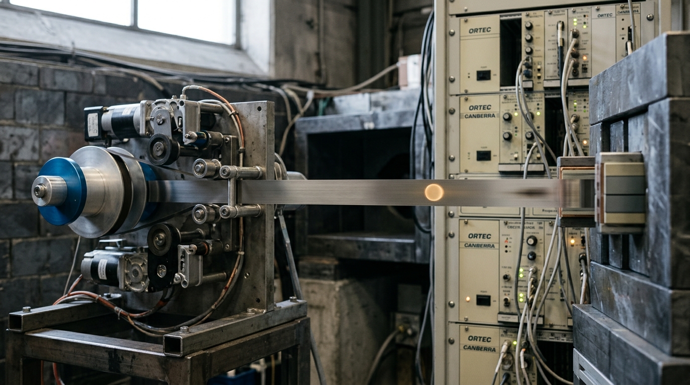 A fast tape-transport ribbon in a target hall's downstream counting station, catching a freshly implanted radioactive spot and already moving it away from the beamline before it decays