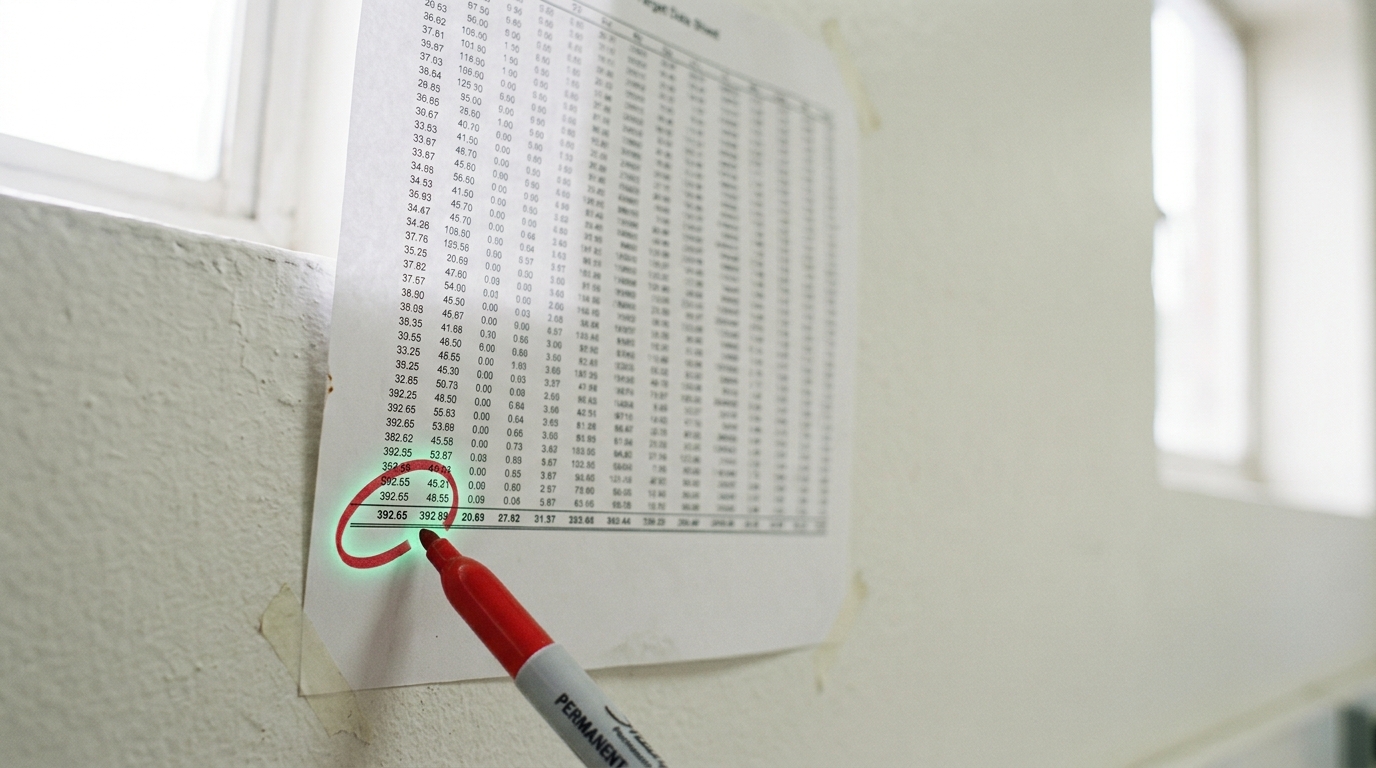 A plain printed metrics sheet on a bright desk with several distinct figures laid out in an even grid, a pen resting neutrally beside it rather than circling or marking any single number