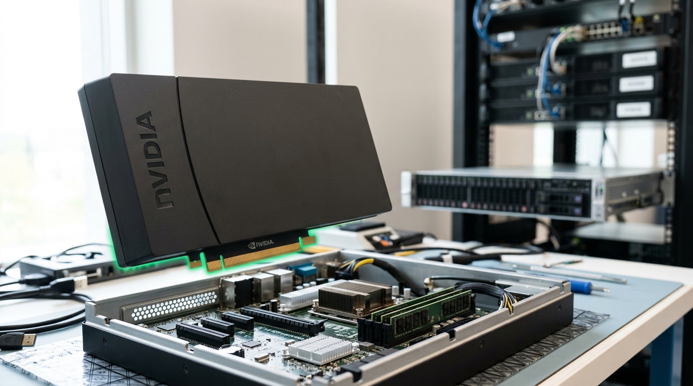 An accelerator card on a bright bench, its shroud carrying the NVIDIA wordmark in raised lettering caught at an oblique angle, being lowered part-way into an open test chassis