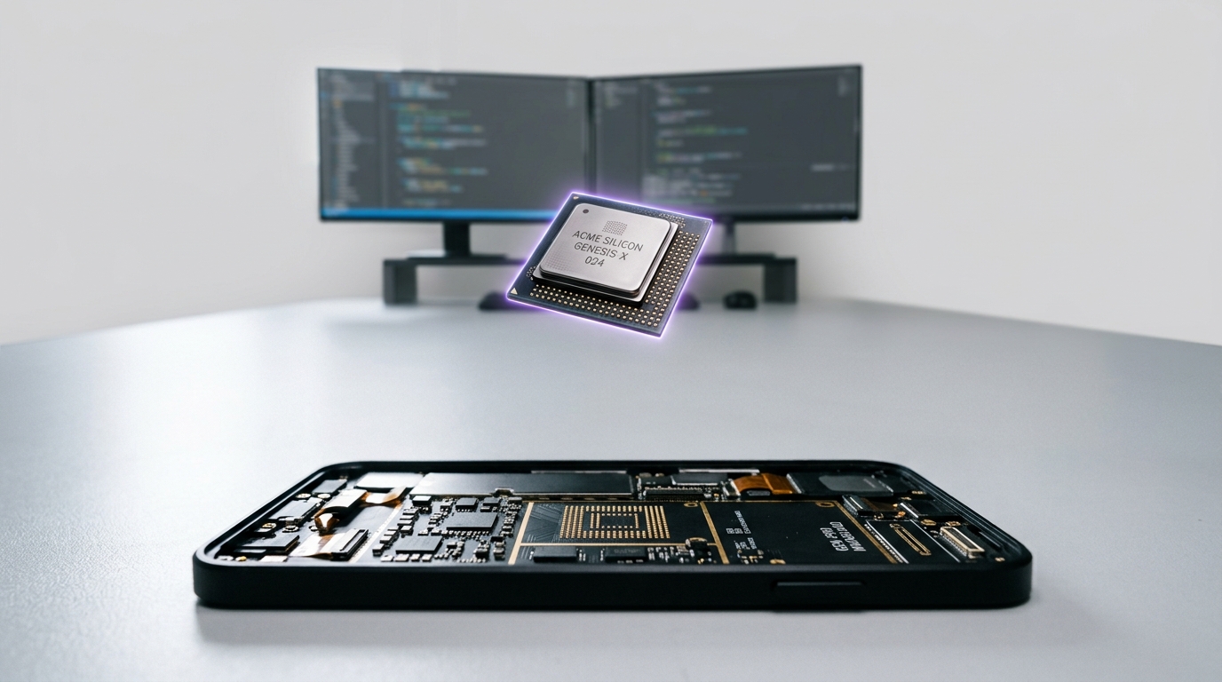 Six distinct chip samples laid out in a row on a bright bench, each visibly different in size and package type, with a reference chassis behind them holding sockets for all six