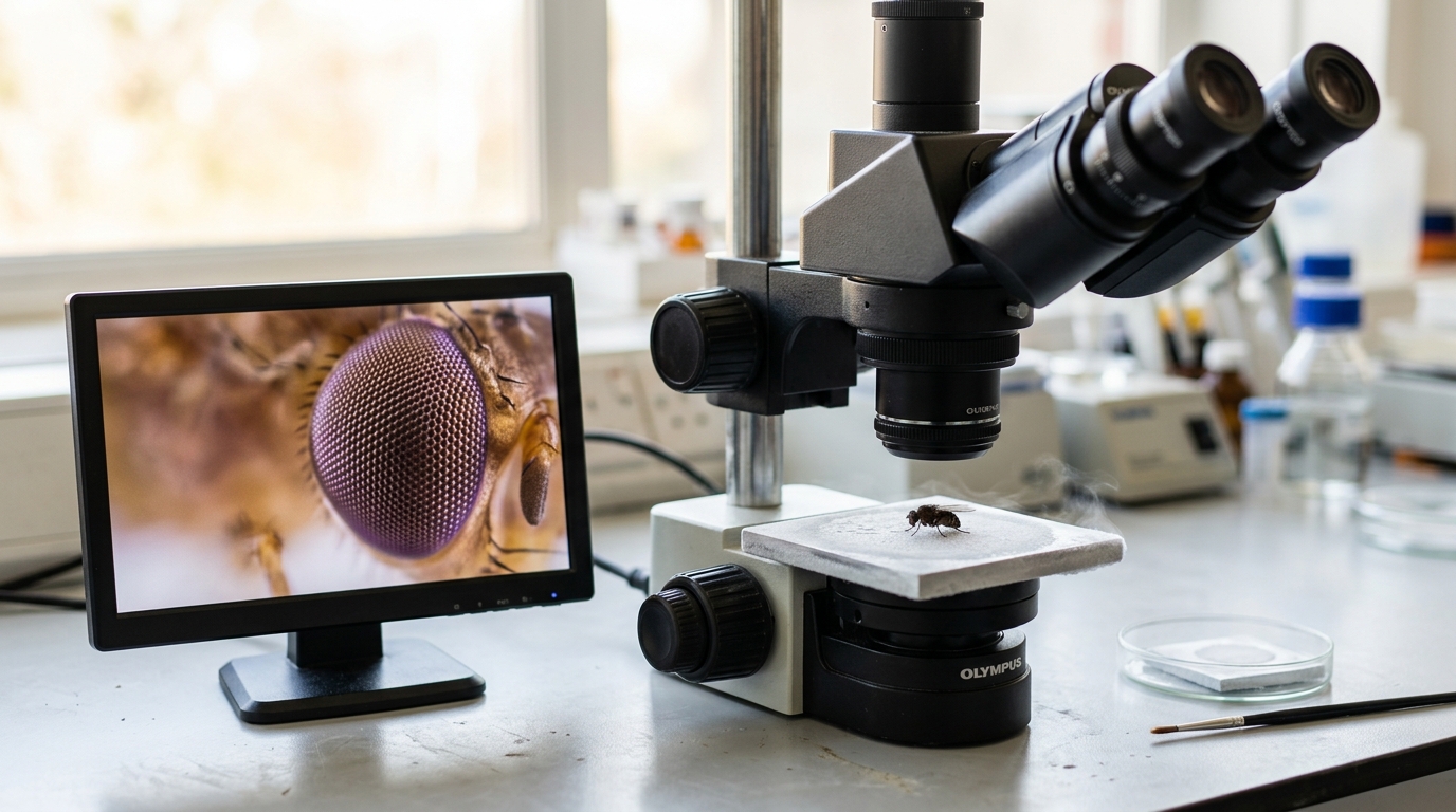 A stereo microscope's objective lowered close over an anaesthetised fly on a small chilled aluminium pad, the fly's compound eye filling the eyepiece view on a side monitor, its facets caught mid-focus