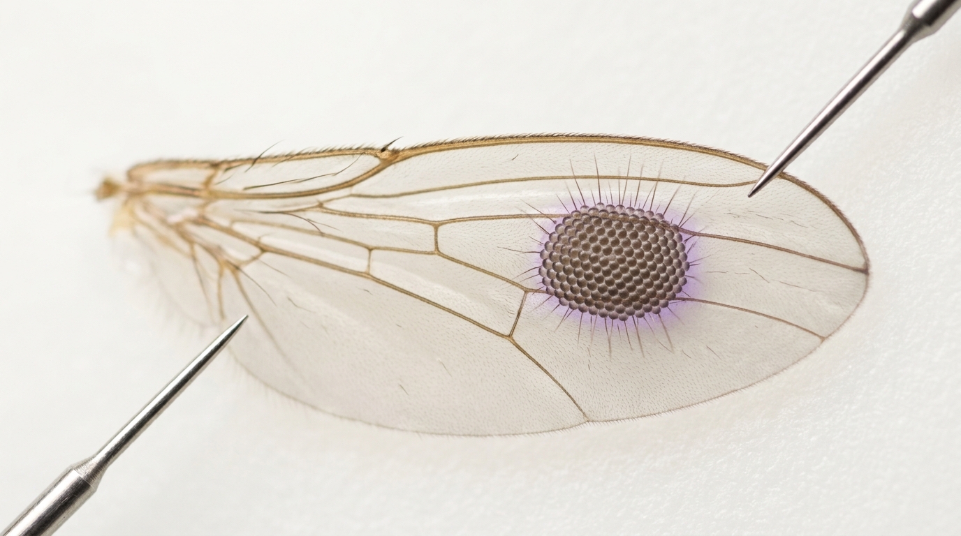 A dissected fly wing pinned flat under a stereo microscope, a small patch of hexagonal eye facets with fine interommatidial bristles growing from the wing membrane where ordinary wing tissue should be