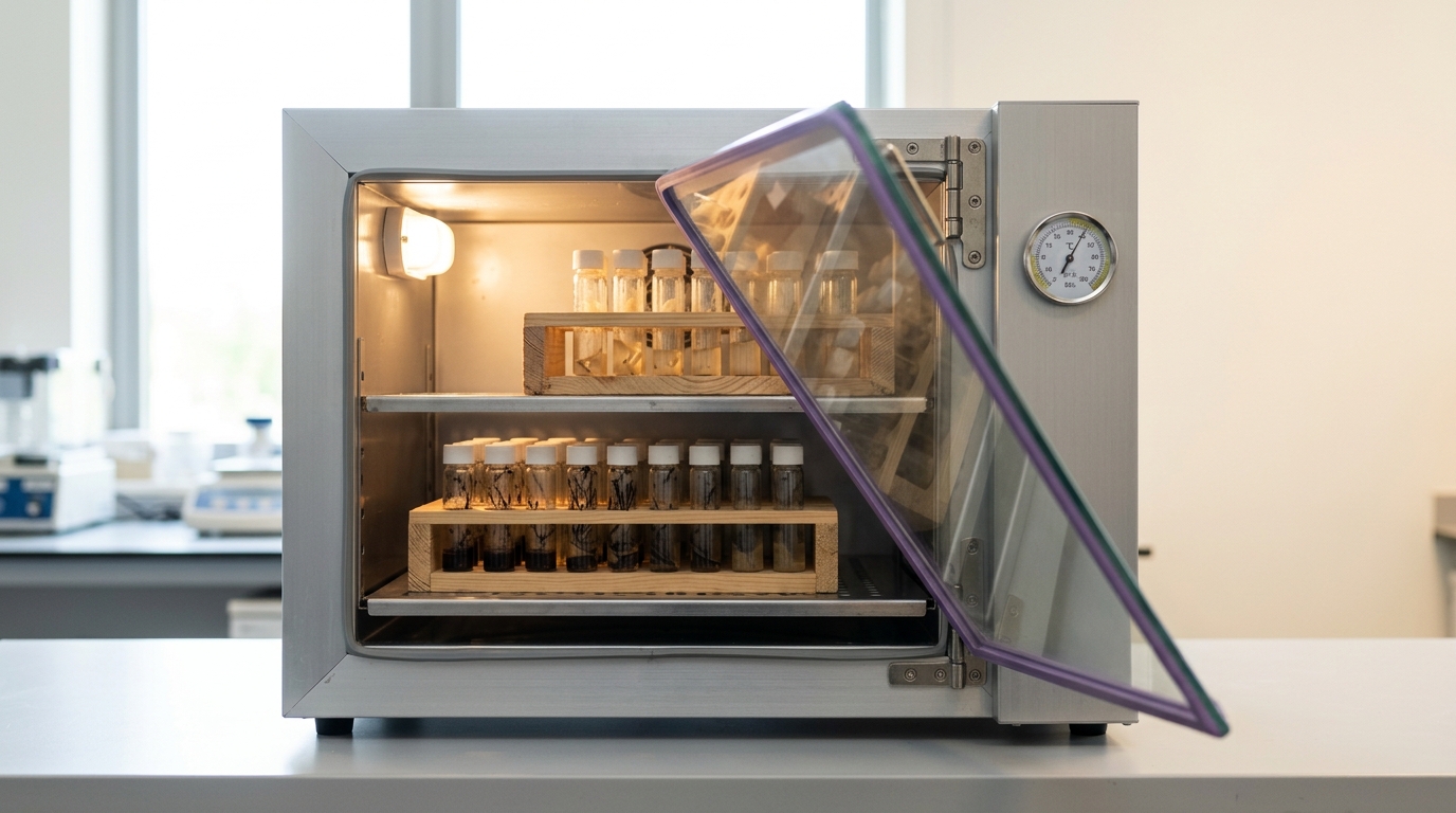 A bright developmental-genetics lab bench with a stereo microscope, a half-loaded vial rack, and an incubator tower with its door left ajar, morning light falling across brushed aluminium and glass