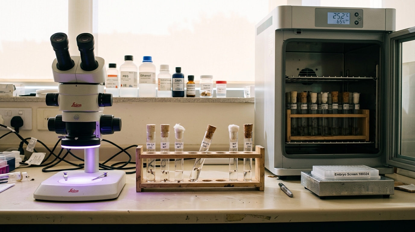 An anodised incubator tower with its door held ajar, two vial racks on separate shelves lit by the interior lamp, one rack's vials showing darker larval trails than the other