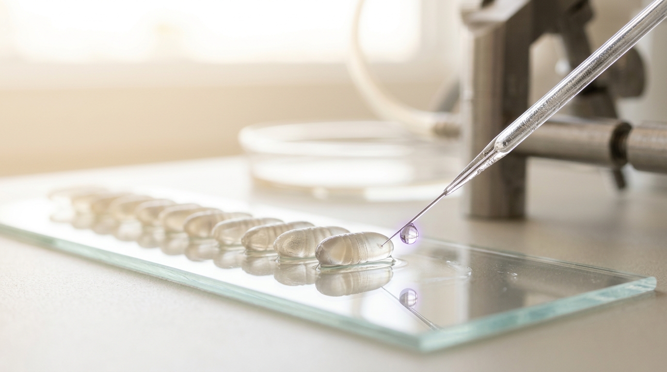 A pulled glass micro-injection needle poised at the edge of a row of Drosophila embryos aligned in halocarbon oil on a coverslip, one droplet of solution just released at the needle's tip