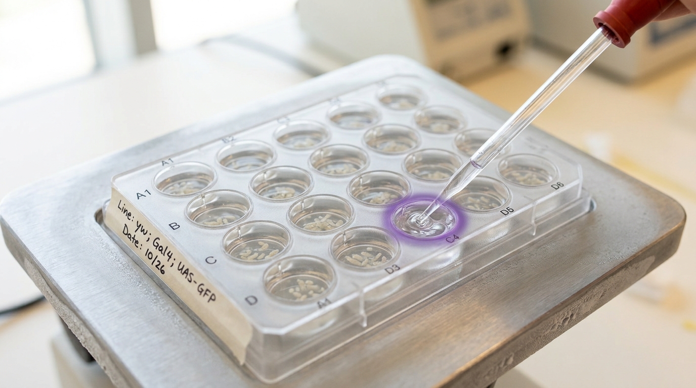 A frosted acrylic embryo well-plate on a chilled metal stage, most wells holding pale translucent embryo clusters and one well's contents just being drawn up into a fine transfer pipette