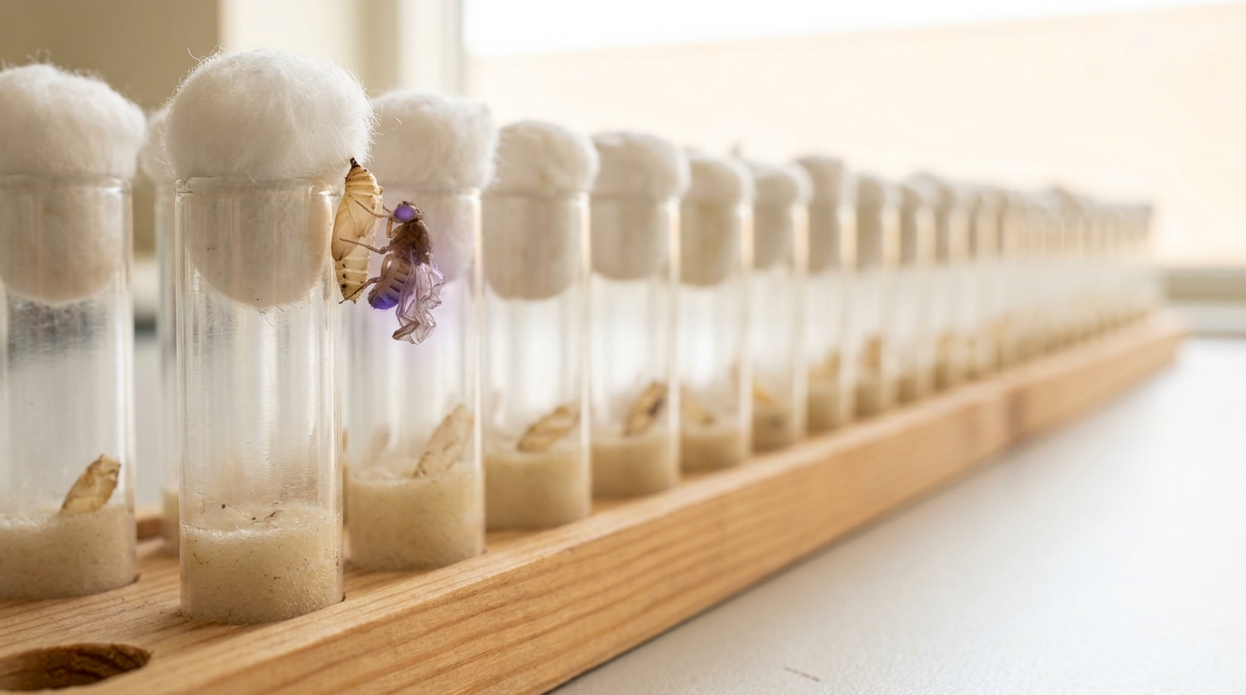 A long wooden vial rack receding across a bright bench, one vial near the front with a fly caught half out of its pupal case at the lip of the cotton stopper