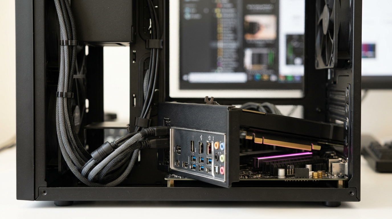 An accelerator card caught part-seated inside the open side of a GPU workstation, its gold edge fingers only partly down into a slot of fixed width with the retention latch still standing open