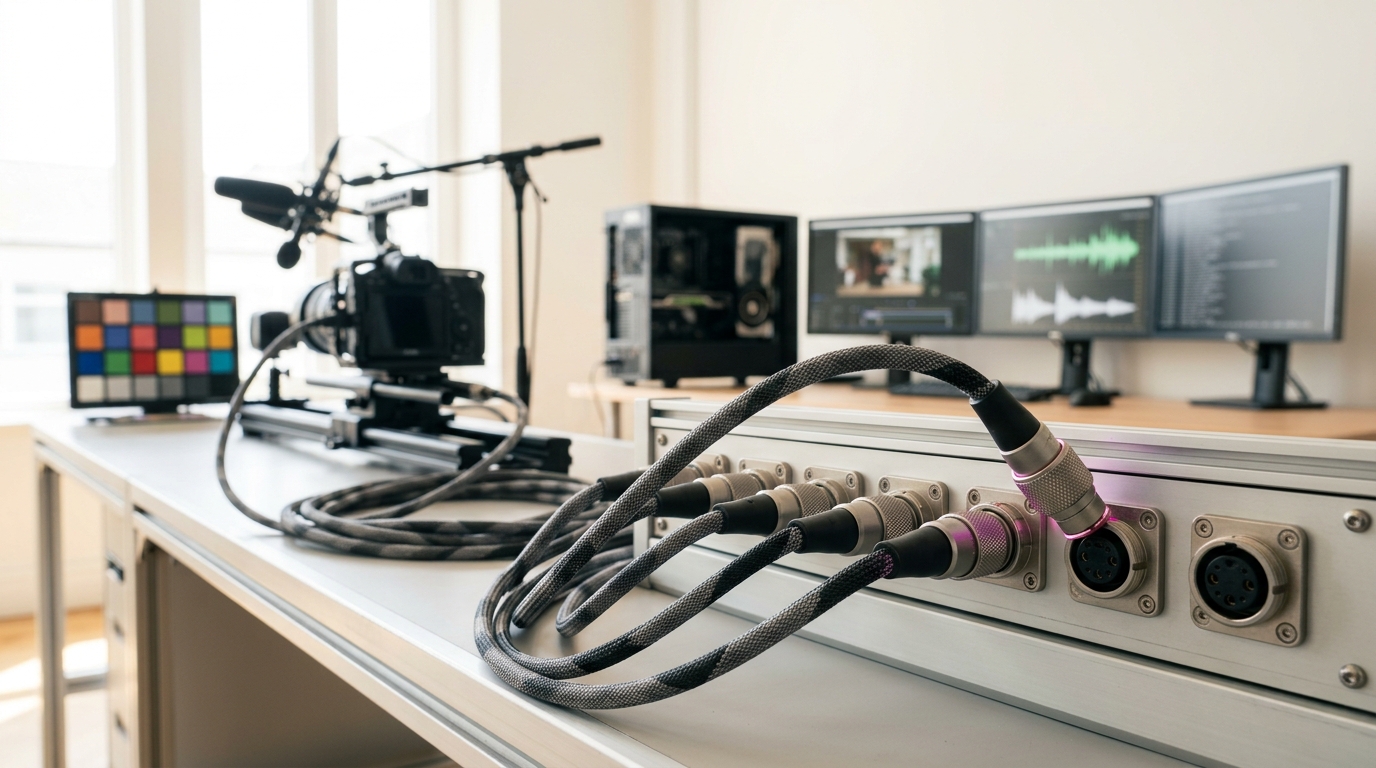 Four braided channel leads at a rack-mounted capture interface in a daylit lab, three seated fully home in their locking sockets and the fourth held part-inserted with its knurled collar not yet turned down
