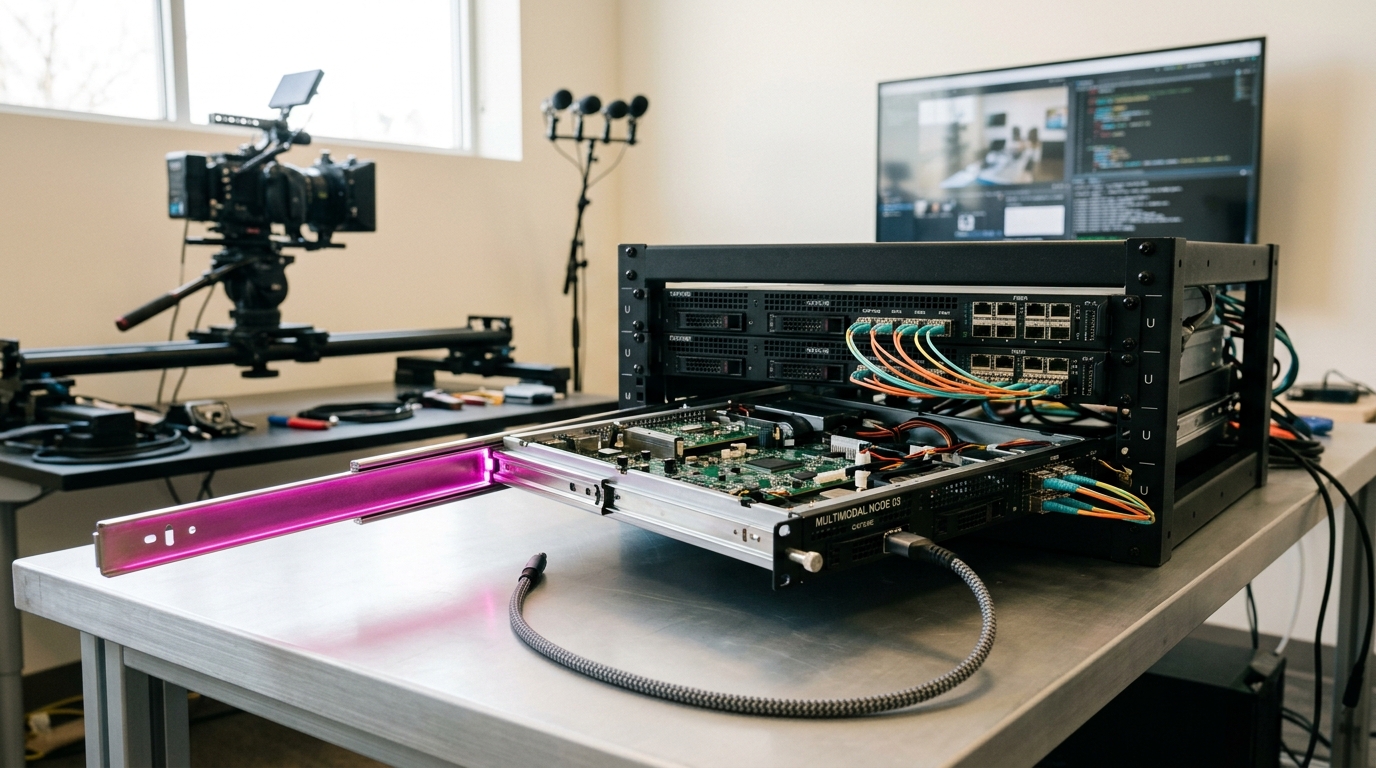 A training node caught half drawn out of a short rack on its slide rails, its front already over the bench where the capture lead is plugged in while its rear fibre optics stay latched into the rack spine