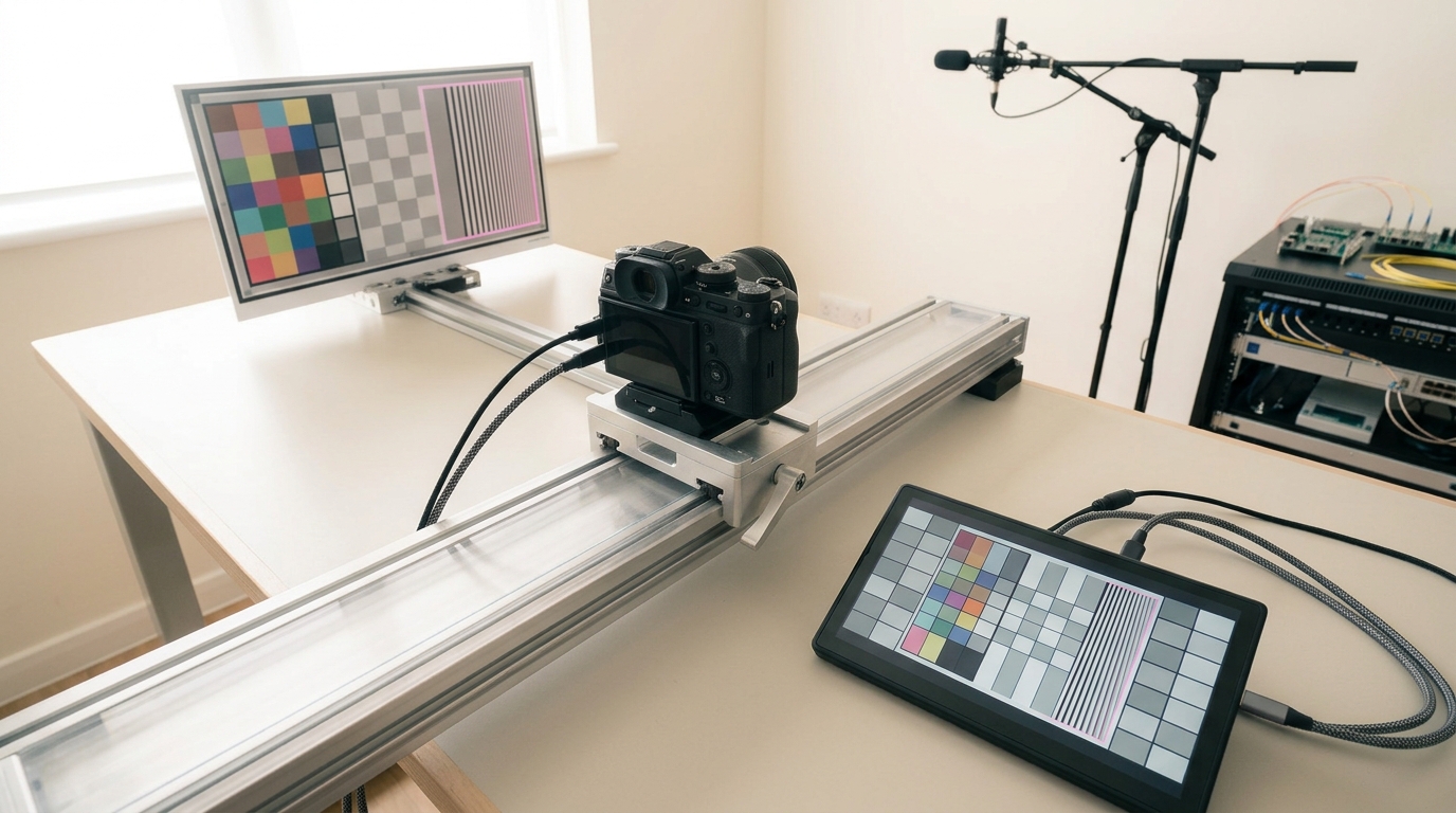A camera rig caught mid-slide along an anodised rail toward a resolution and colour calibration target, its carriage clamp lever still half-thrown, the target's finest bars already merged into flat squares on the capture monitor lying at the edge of the bench
