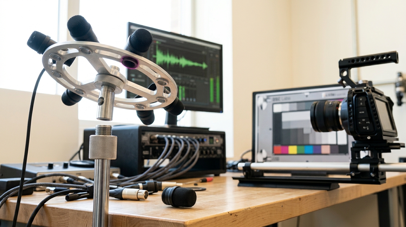 A microphone array caught being lowered onto its stand collar so that it points at the same calibration target the camera rig is already framing, the collar not yet tightened and one capsule position on the ring still an empty threaded boss
