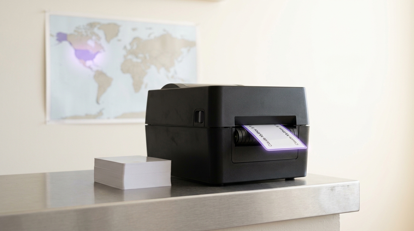 A desk badge printer caught mid-eject with a freshly printed access tag half out of the slot, a small wall map behind it with the United States picked out in a light highlight