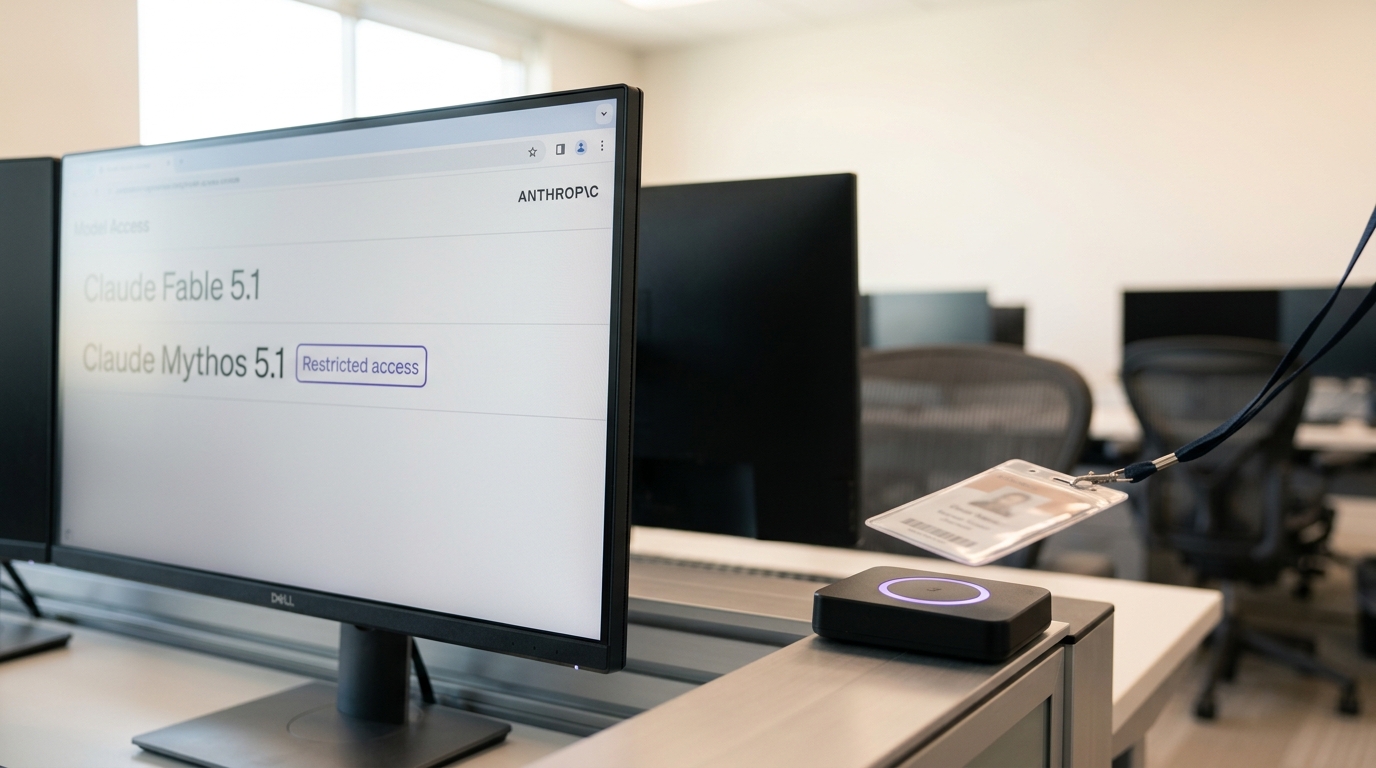 A model-access console on a security operations centre desk listing Claude Fable 5.1 and Claude Mythos 5.1, the Mythos row marked restricted, a badge caught mid-tap against a reader beside the keyboard
