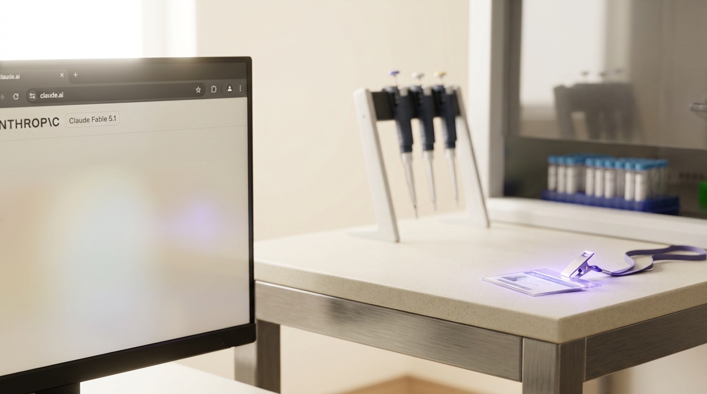 A life-sciences bench workstation with a claude.ai browser tab open beside a researcher's lab access badge just set down on the counter, a pipette rack softly out of focus behind