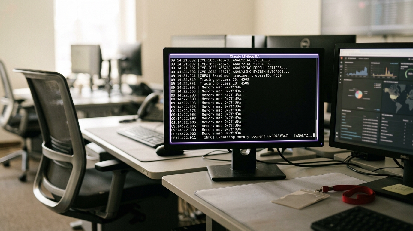 A security operations centre workstation with a terminal window header naming Claude Mythos 5.1 mid-scroll through a vulnerability trace, an empty chair pushed back beside a visitor badge on the desk